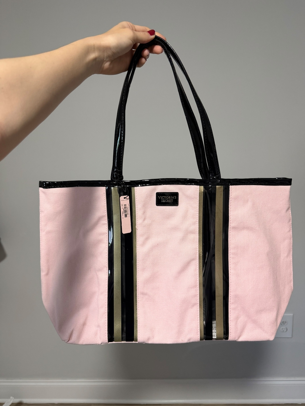 Victoria's Secret Pink Canvas Tote with Black Trim and Gold Stripes